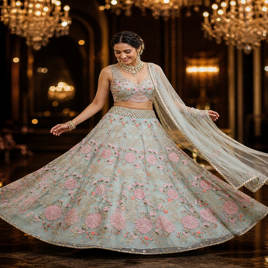 FASHIONKIYA Sky Pink Tabby Silk Pearl Sequins Embroidered Lehenga Choli