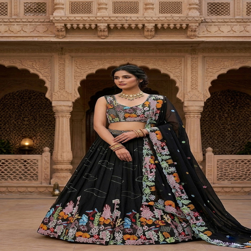fashionkiya Flare Lehenga Fox Georgette 9 needle thread embroidered Sequins work with Cancan & Canvas Patta*