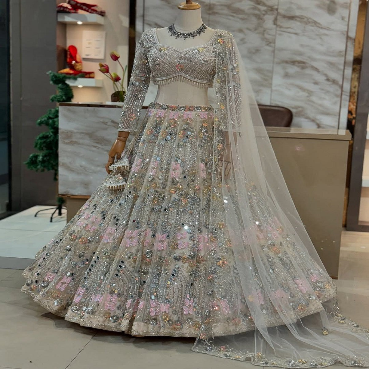 FASHIONKIYA Women Soft Butterfly Net Lehenga Choli with Real Mirror Embroidered Sequins Work Dupatta | Semi Stitched Designer Ethnic Set