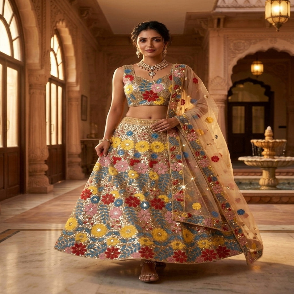 FASHIONKIYA Embroidered Georgette Semi-Stitched Lehenga & Unstitched Blouse With Dupatta