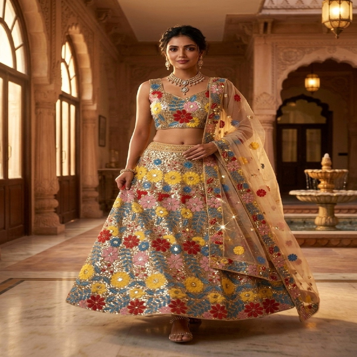 FASHIONKIYA Embroidered Georgette Semi-Stitched Lehenga & Unstitched Blouse With Dupatta