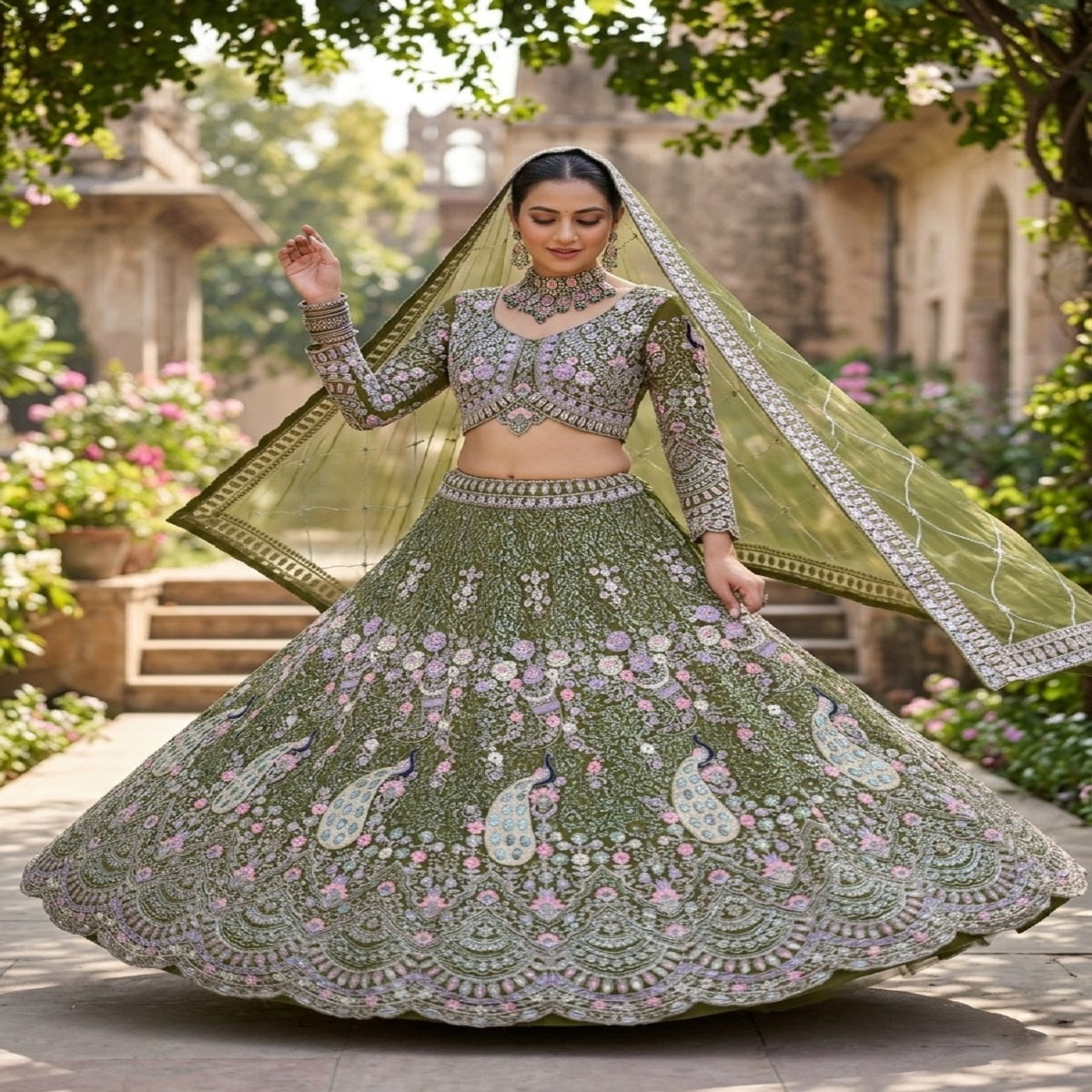 fashionkiya Launching Mehendi Green 4 meter flared Coding Sequins Work Lehenga