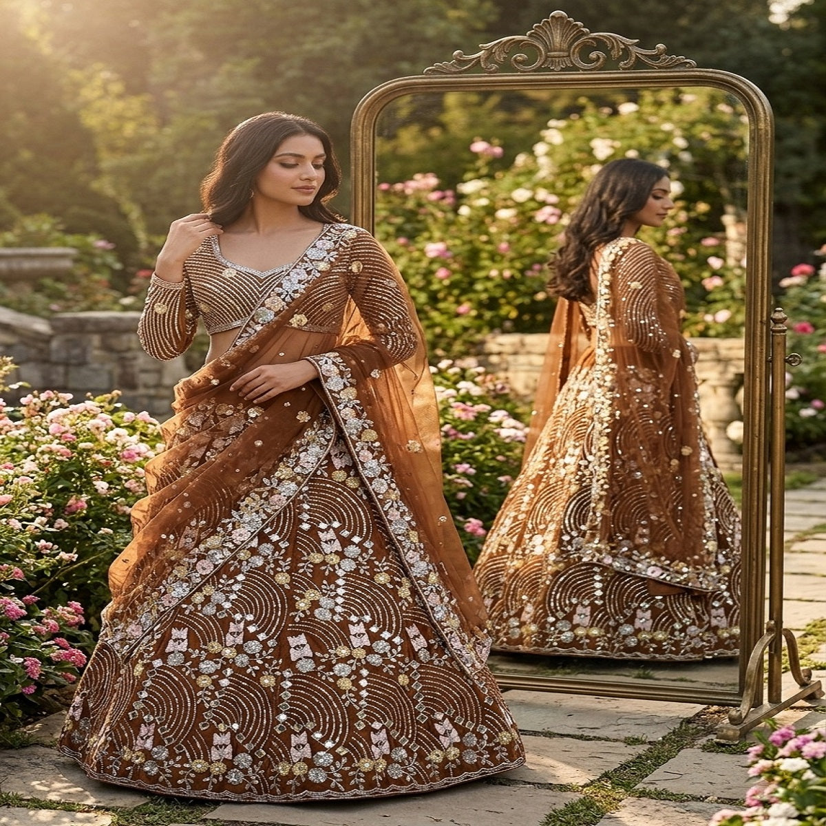 FASHIONKIYA Women Soft Butterfly Net Lehenga Choli with Real Mirror Embroidered Sequins Work Dupatta | Semi Stitched Designer Ethnic Set
