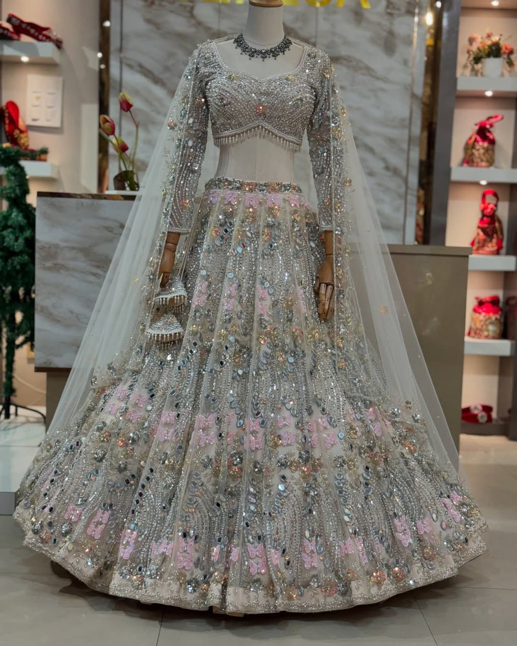 FASHIONKIYA Women Soft Butterfly Net Lehenga Choli with Real Mirror Embroidered Sequins Work Dupatta | Semi Stitched Designer Ethnic Set