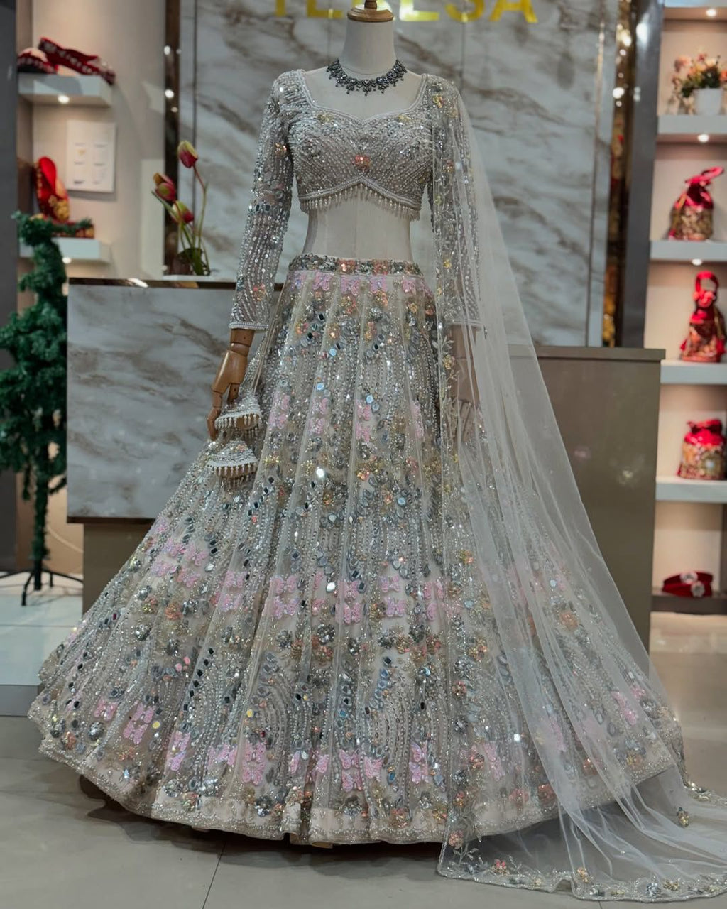 FASHIONKIYA Women Soft Butterfly Net Lehenga Choli with Real Mirror Embroidered Sequins Work Dupatta | Semi Stitched Designer Ethnic Set