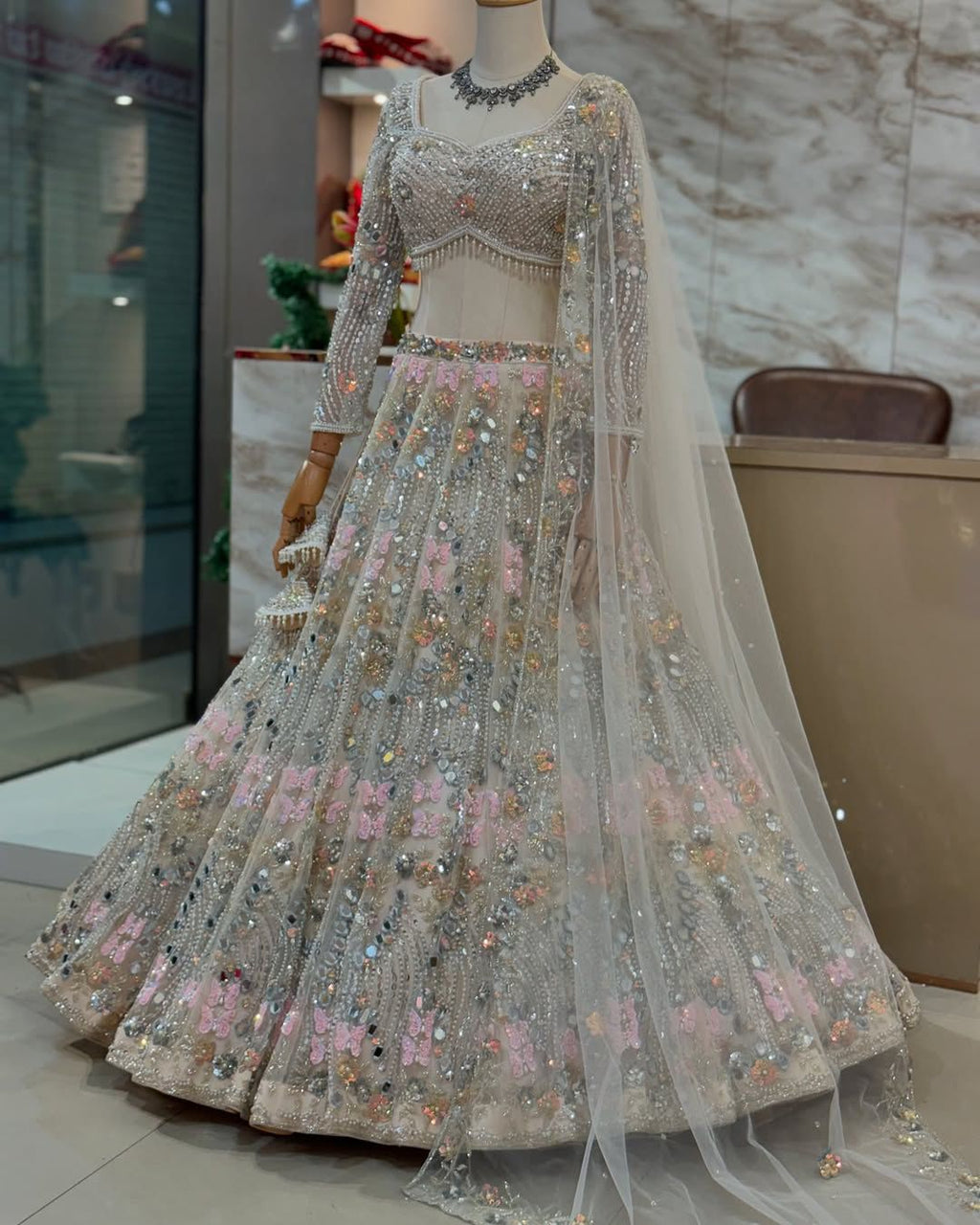 FASHIONKIYA Women Soft Butterfly Net Lehenga Choli with Real Mirror Embroidered Sequins Work Dupatta | Semi Stitched Designer Ethnic Set