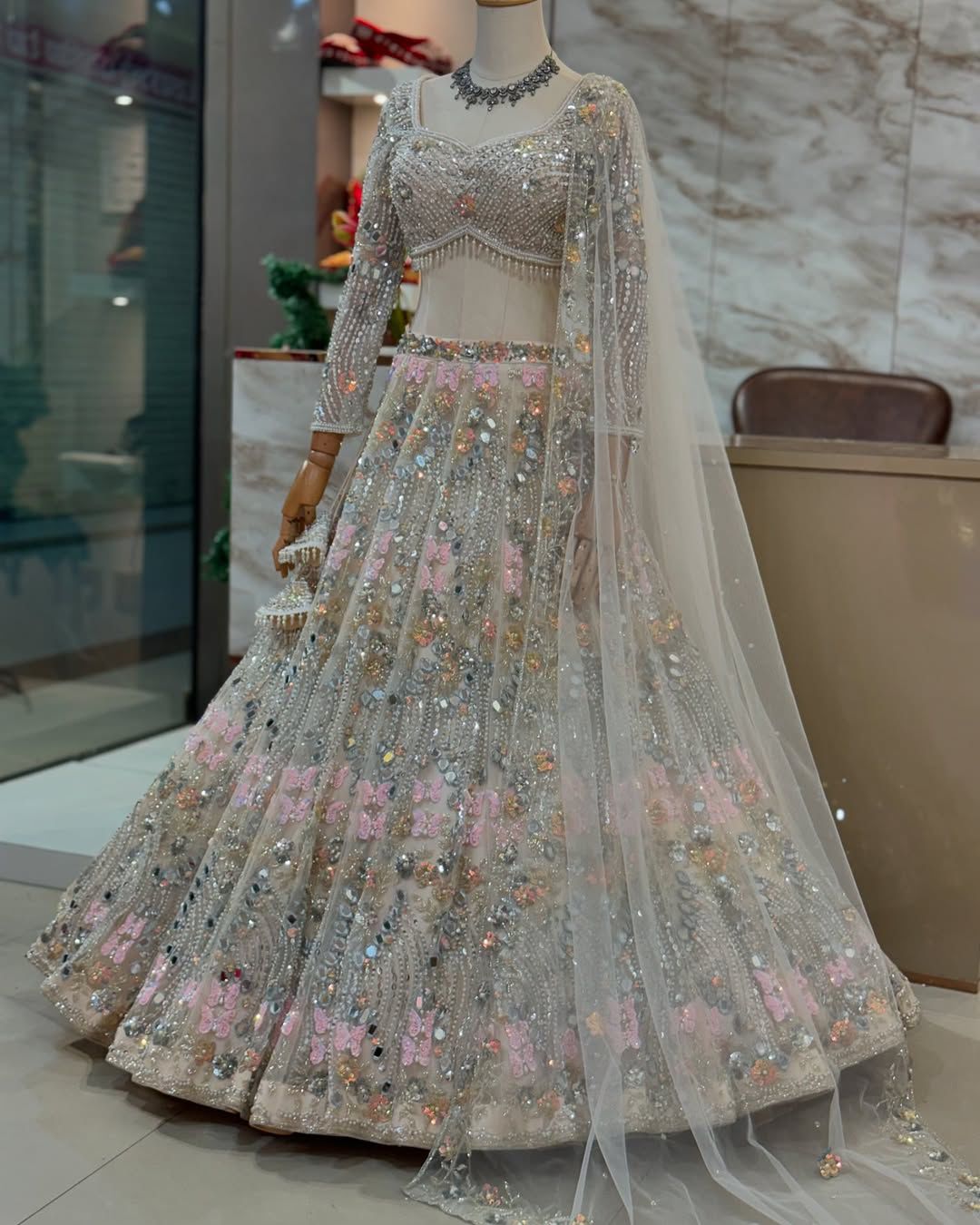 FASHIONKIYA Women Soft Butterfly Net Lehenga Choli with Real Mirror Embroidered Sequins Work Dupatta | Semi Stitched Designer Ethnic Set