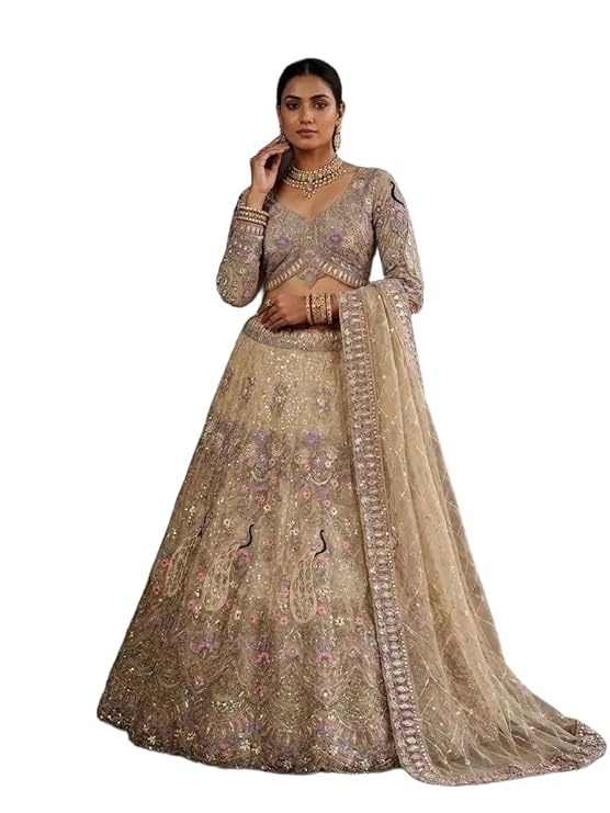 FASHIONKIYA Womens Soft Butterfly Net Semi Stitched Lehenga Choli Set with Coding Sequins Work Lehenga Blouse and Dupatta Traditional Ethnic Wear