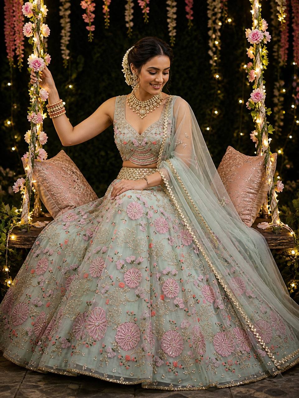 FASHIONKIYA Sky Pink Tabby Silk Pearl Sequins Embroidered Lehenga Choli
