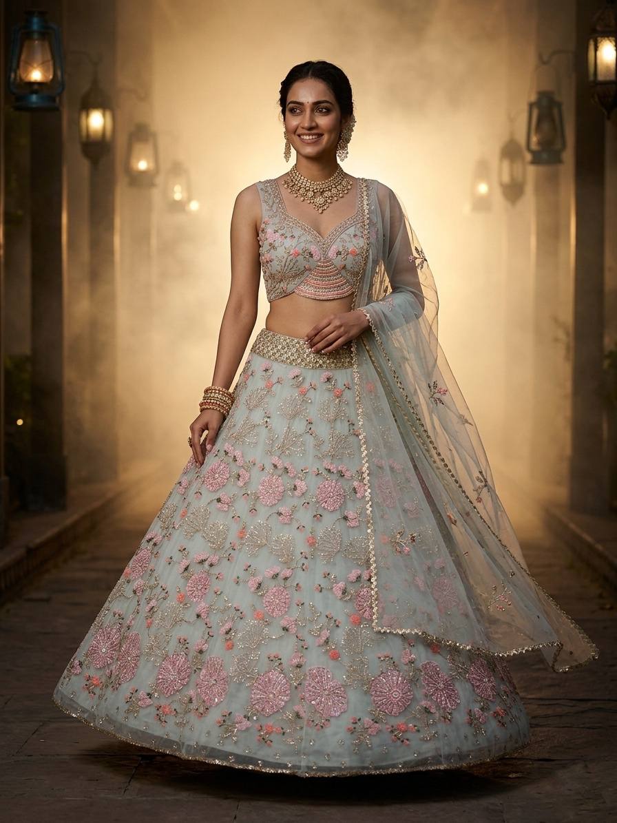 FASHIONKIYA Sky Pink Tabby Silk Pearl Sequins Embroidered Lehenga Choli