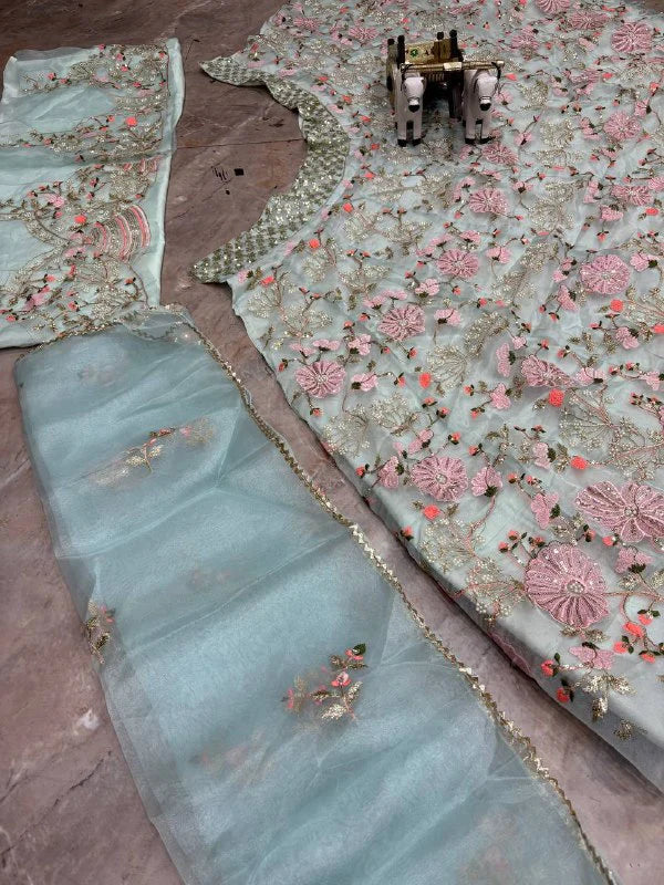 FASHIONKIYA Sky Pink Tabby Silk Pearl Sequins Embroidered Lehenga Choli