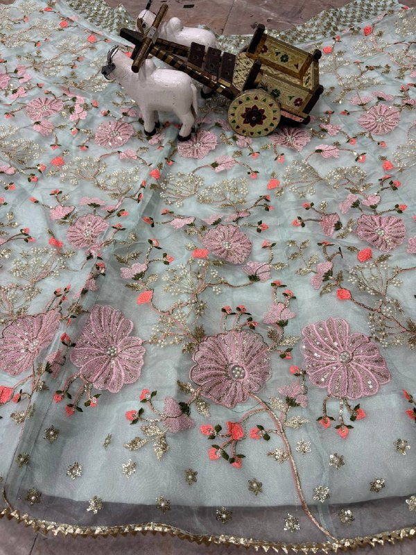 FASHIONKIYA Sky Pink Tabby Silk Pearl Sequins Embroidered Lehenga Choli