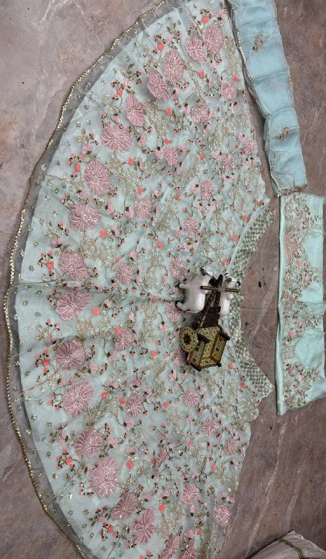 FASHIONKIYA Sky Pink Tabby Silk Pearl Sequins Embroidered Lehenga Choli