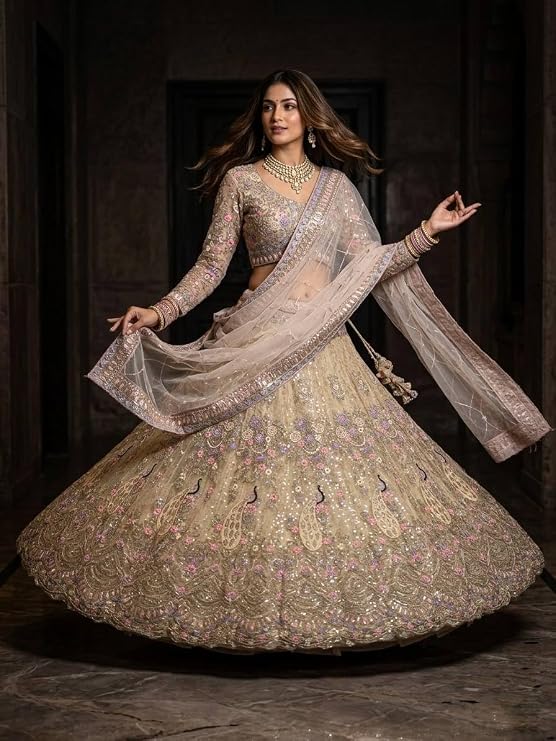 FASHIONKIYA Womens Soft Butterfly Net Semi Stitched Lehenga Choli Set with Coding Sequins Work Lehenga Blouse and Dupatta Traditional Ethnic Wear