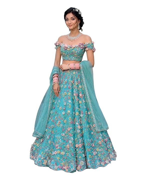 fashionkiya Faux Georgette Semi Stitched Lehenga with Designer Flower Embroidery Sequins Work & Matching Dupatta