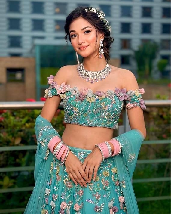 fashionkiya Faux Georgette Semi Stitched Lehenga with Designer Flower Embroidery Sequins Work & Matching Dupatta