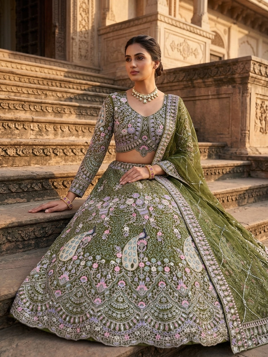 fashionkiya Launching Mehendi Green 4 meter flared Coding Sequins Work Lehenga