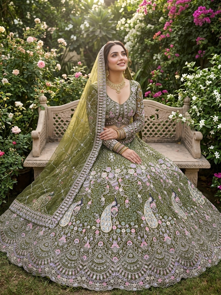 fashionkiya Launching Mehendi Green 4 meter flared Coding Sequins Work Lehenga
