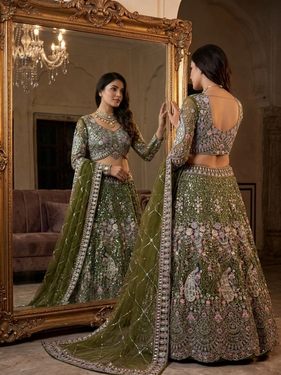 fashionkiya Launching Mehendi Green 4 meter flared Coding Sequins Work Lehenga