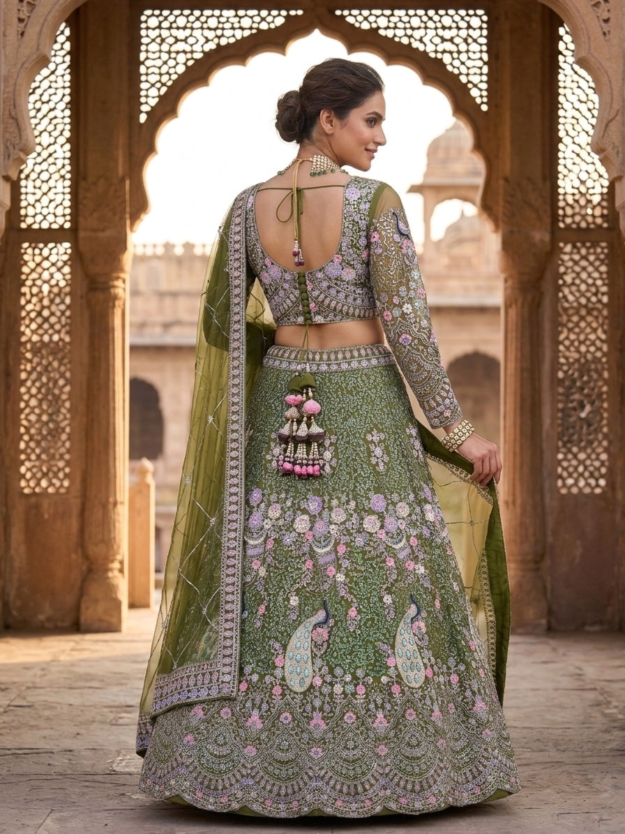 fashionkiya Launching Mehendi Green 4 meter flared Coding Sequins Work Lehenga