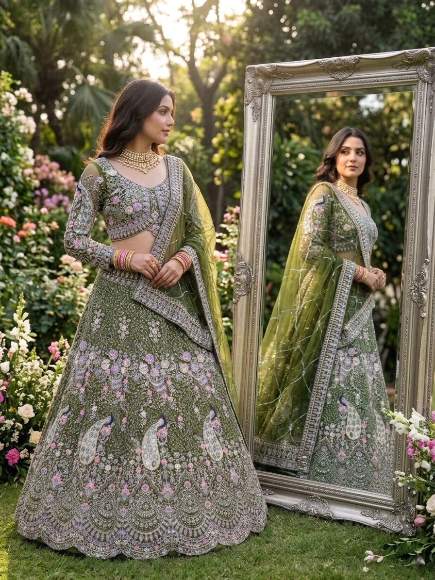 fashionkiya Launching Mehendi Green 4 meter flared Coding Sequins Work Lehenga