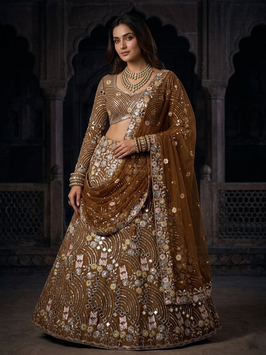 FASHIONKIYA Women Soft Butterfly Net Lehenga Choli with Real Mirror Embroidered Sequins Work Dupatta | Semi Stitched Designer Ethnic Set