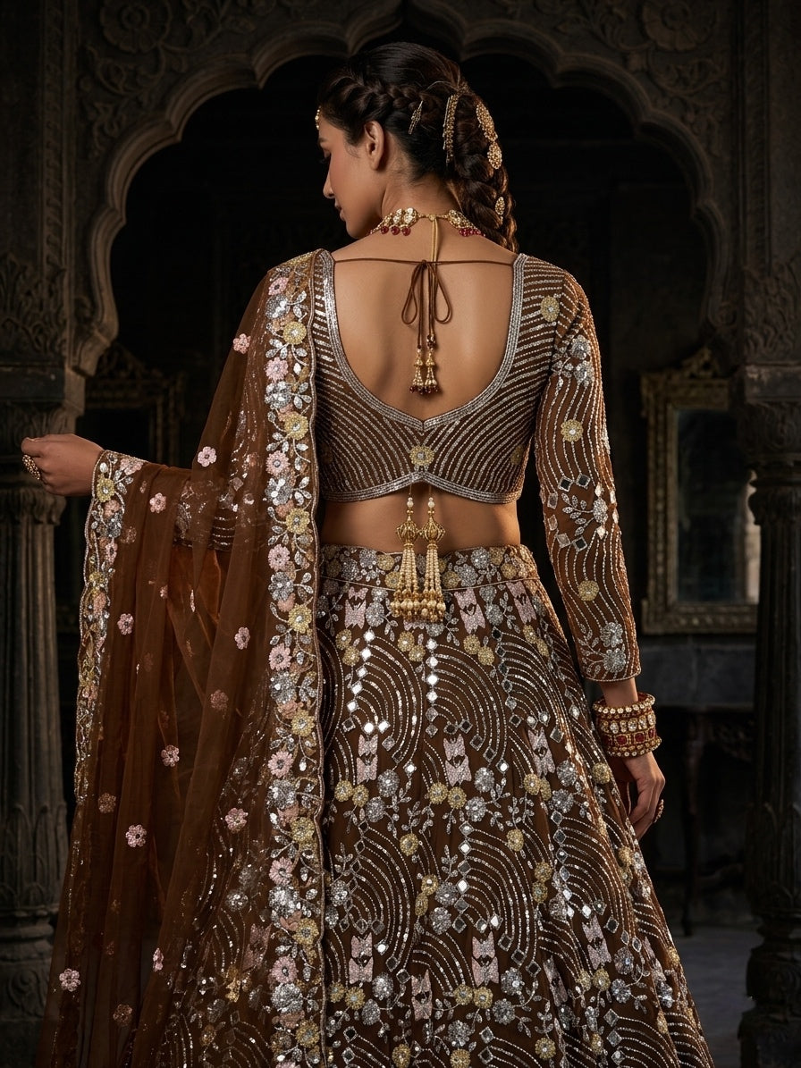 FASHIONKIYA Women Soft Butterfly Net Lehenga Choli with Real Mirror Embroidered Sequins Work Dupatta | Semi Stitched Designer Ethnic Set