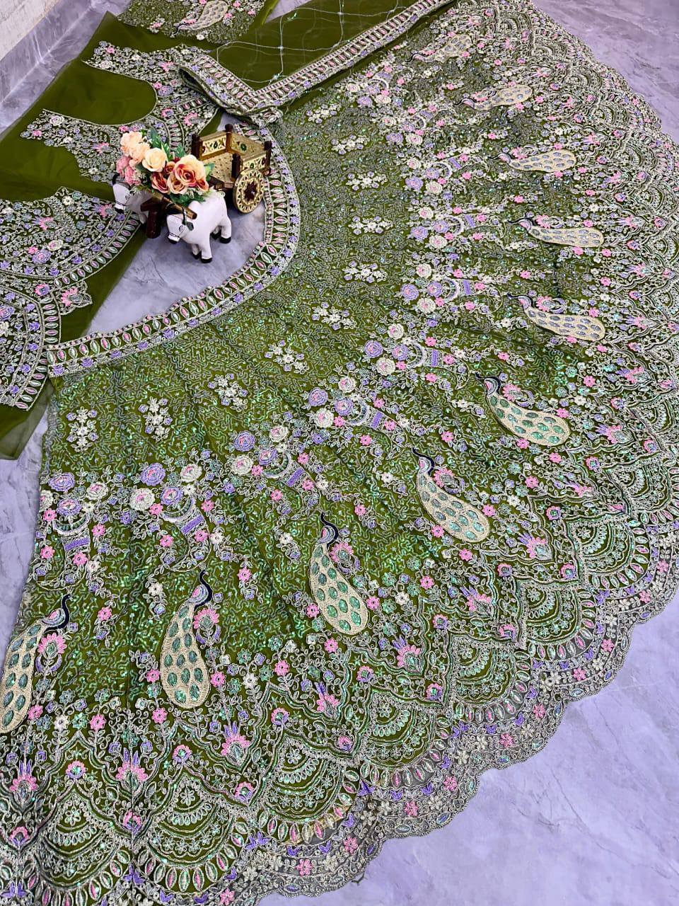 fashionkiya Launching Mehendi Green 4 meter flared Coding Sequins Work Lehenga