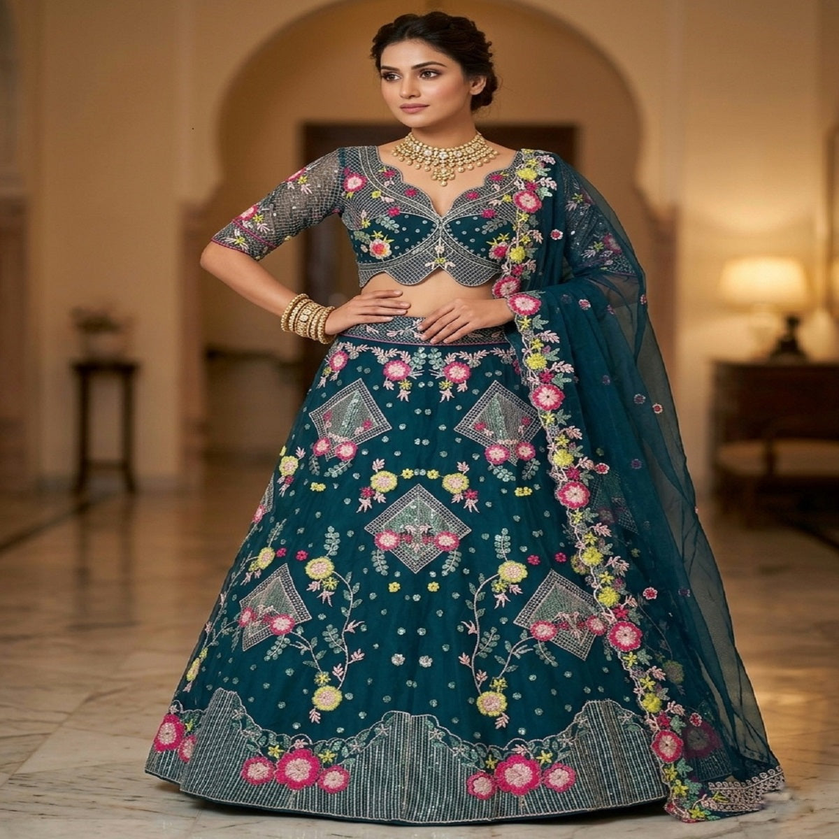 FASHIONKIYA Designer Butterfly Net Lehenga for Women – 3.5 Meter Flare Sequins Embroidered Party & Wedding Wear