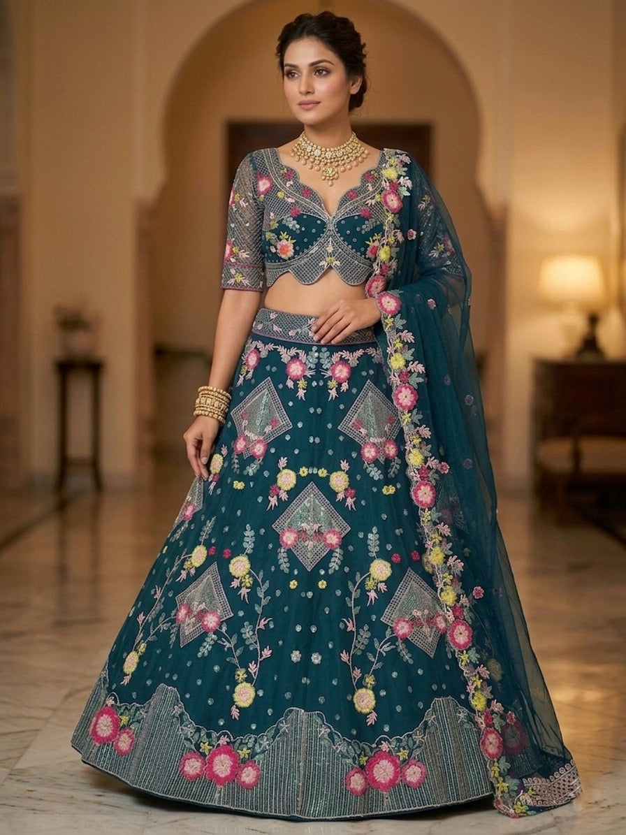 FASHIONKIYA Designer Butterfly Net Lehenga for Women – 3.5 Meter Flare Sequins Embroidered Party & Wedding Wear