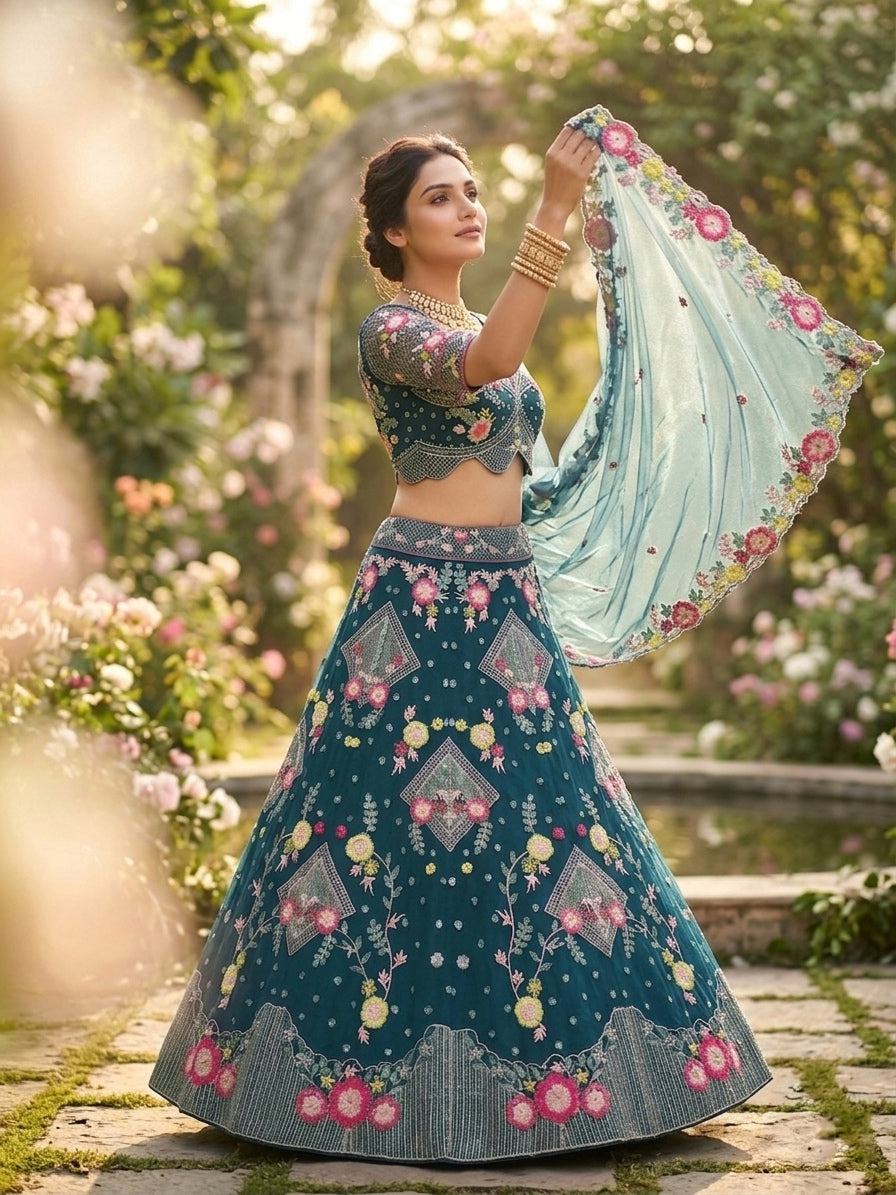 FASHIONKIYA Designer Butterfly Net Lehenga for Women – 3.5 Meter Flare Sequins Embroidered Party & Wedding Wear