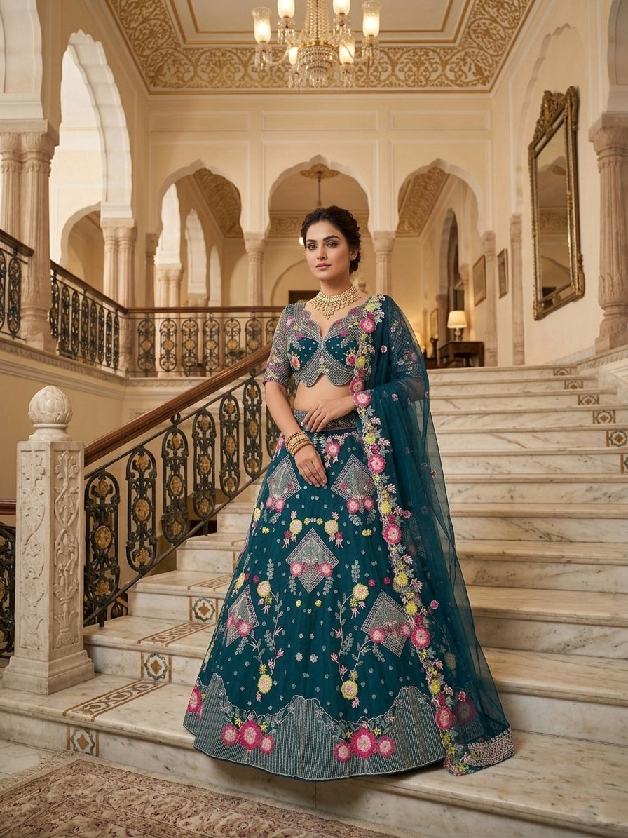 FASHIONKIYA Designer Butterfly Net Lehenga for Women – 3.5 Meter Flare Sequins Embroidered Party & Wedding Wear