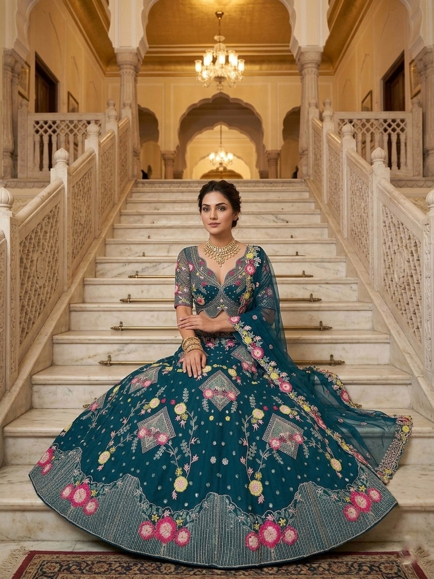 FASHIONKIYA Designer Butterfly Net Lehenga for Women – 3.5 Meter Flare Sequins Embroidered Party & Wedding Wear