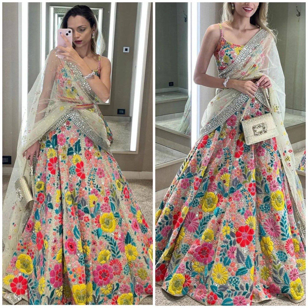 FASHIONKIYA Embroidered Georgette Semi-Stitched Lehenga & Unstitched Blouse With Dupatta