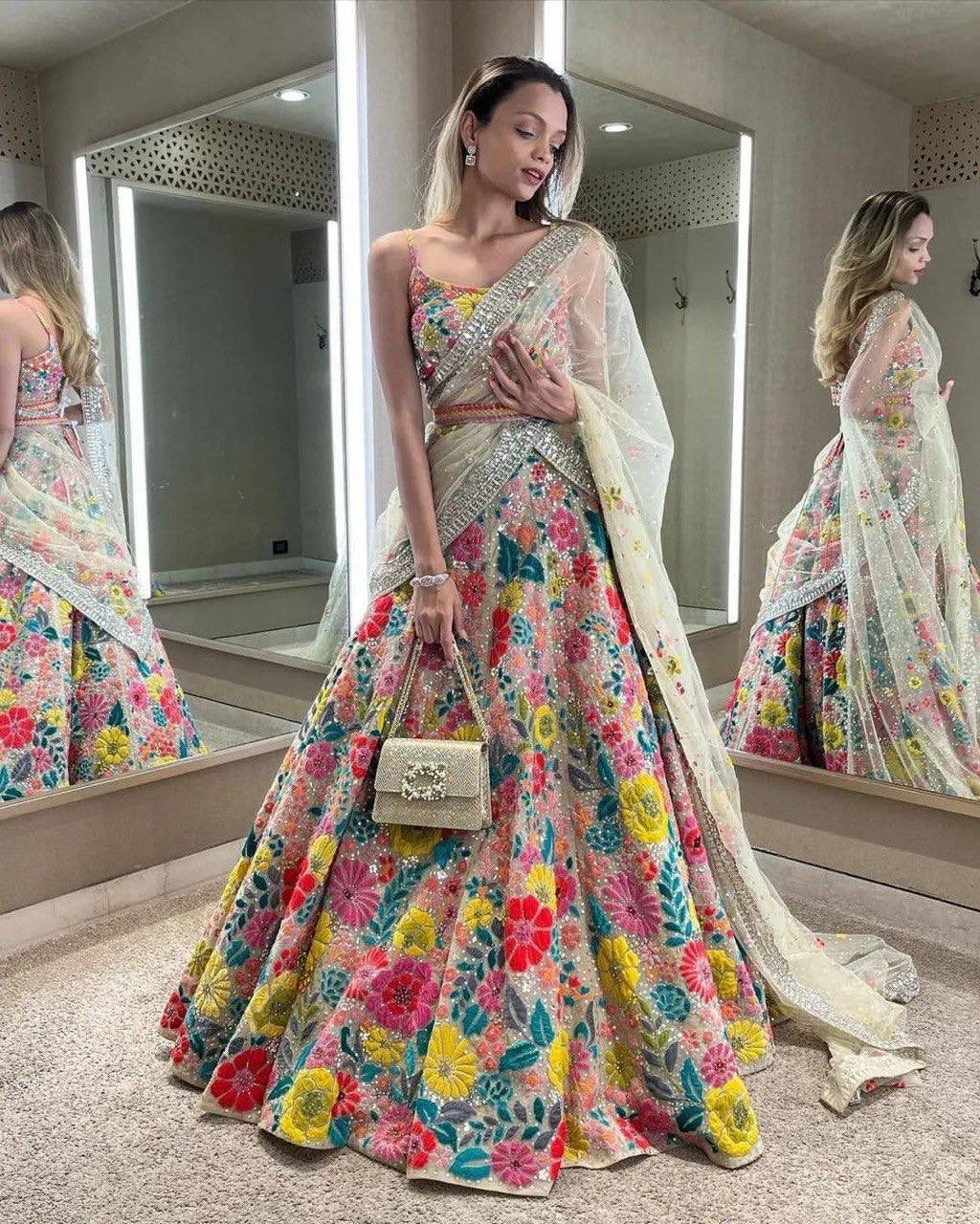 FASHIONKIYA Embroidered Georgette Semi-Stitched Lehenga & Unstitched Blouse With Dupatta