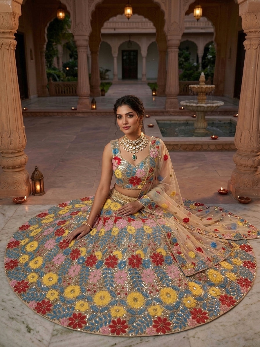 FASHIONKIYA Embroidered Georgette Semi-Stitched Lehenga & Unstitched Blouse With Dupatta