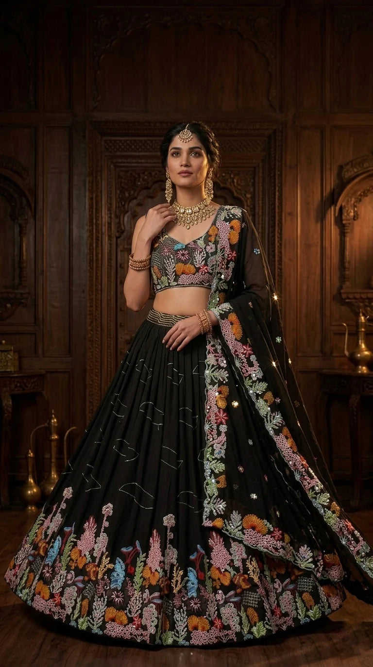 fashionkiya Flare Lehenga Fox Georgette 9 needle thread embroidered Sequins work with Cancan & Canvas Patta*