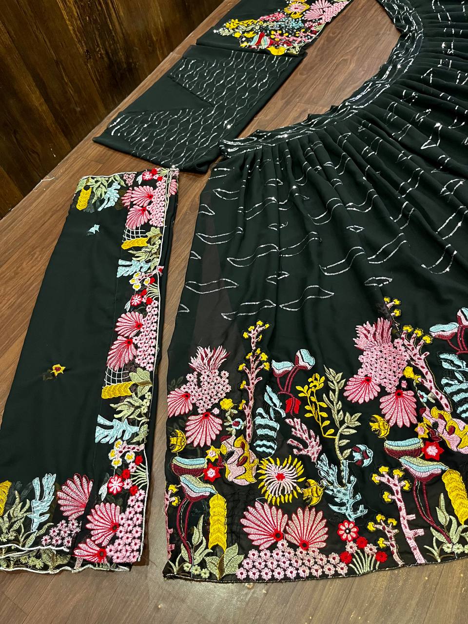 fashionkiya Flare Lehenga Fox Georgette 9 needle thread embroidered Sequins work with Cancan & Canvas Patta*