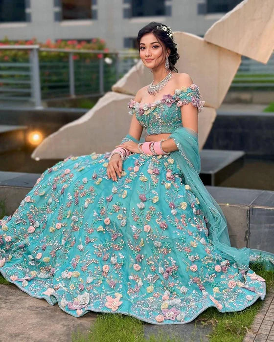 fashionkiya Faux Georgette Semi Stitched Lehenga with Designer Flower Embroidery Sequins Work & Matching Dupatta