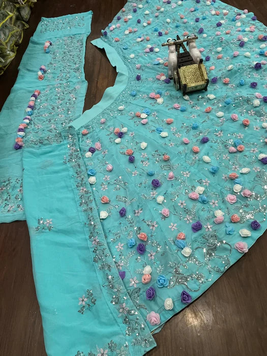fashionkiya Faux Georgette Semi Stitched Lehenga with Designer Flower Embroidery Sequins Work & Matching Dupatta