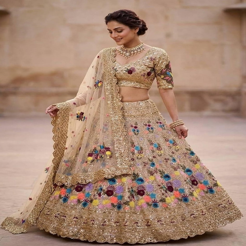 FASHIONKIYA Womens Fox Georgette Semi Stitched Lehenga Choli Set with Embroidery Sequins Work Lehenga Blouse and Butterfly Net Dupatta Traditional Ethnic Wear