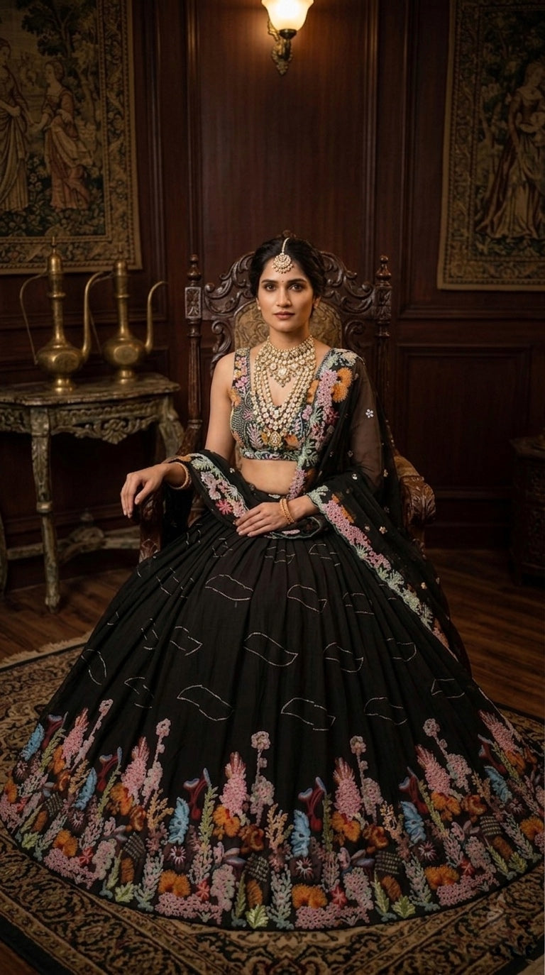 fashionkiya Flare Lehenga Fox Georgette 9 needle thread embroidered Sequins work with Cancan & Canvas Patta*