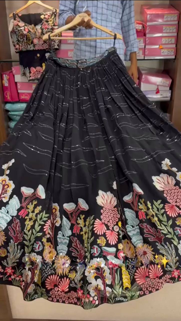 fashionkiya Flare Lehenga Fox Georgette 9 needle thread embroidered Sequins work with Cancan & Canvas Patta*