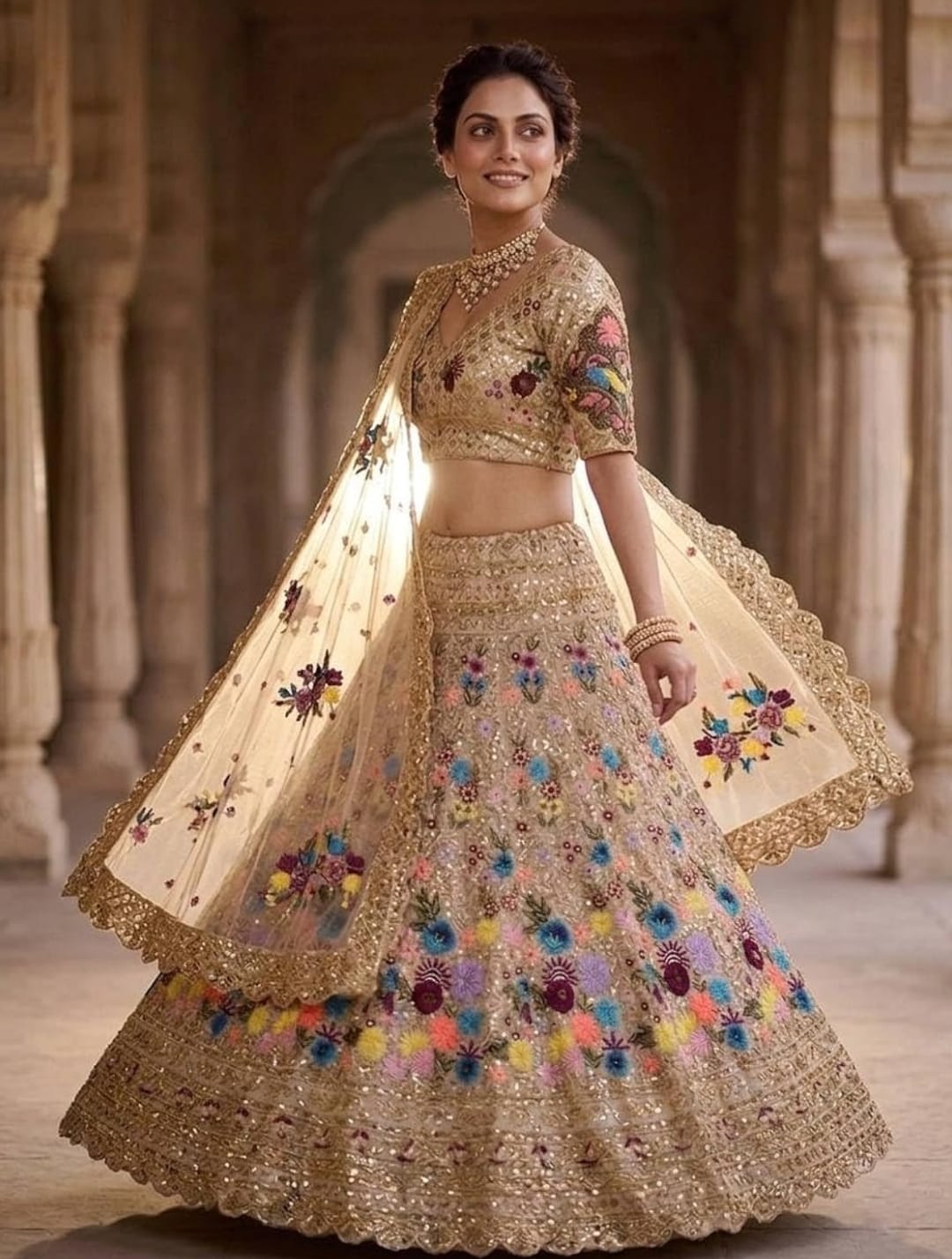 FASHIONKIYA Womens Fox Georgette Semi Stitched Lehenga Choli Set with Embroidery Sequins Work Lehenga Blouse and Butterfly Net Dupatta Traditional Ethnic Wear