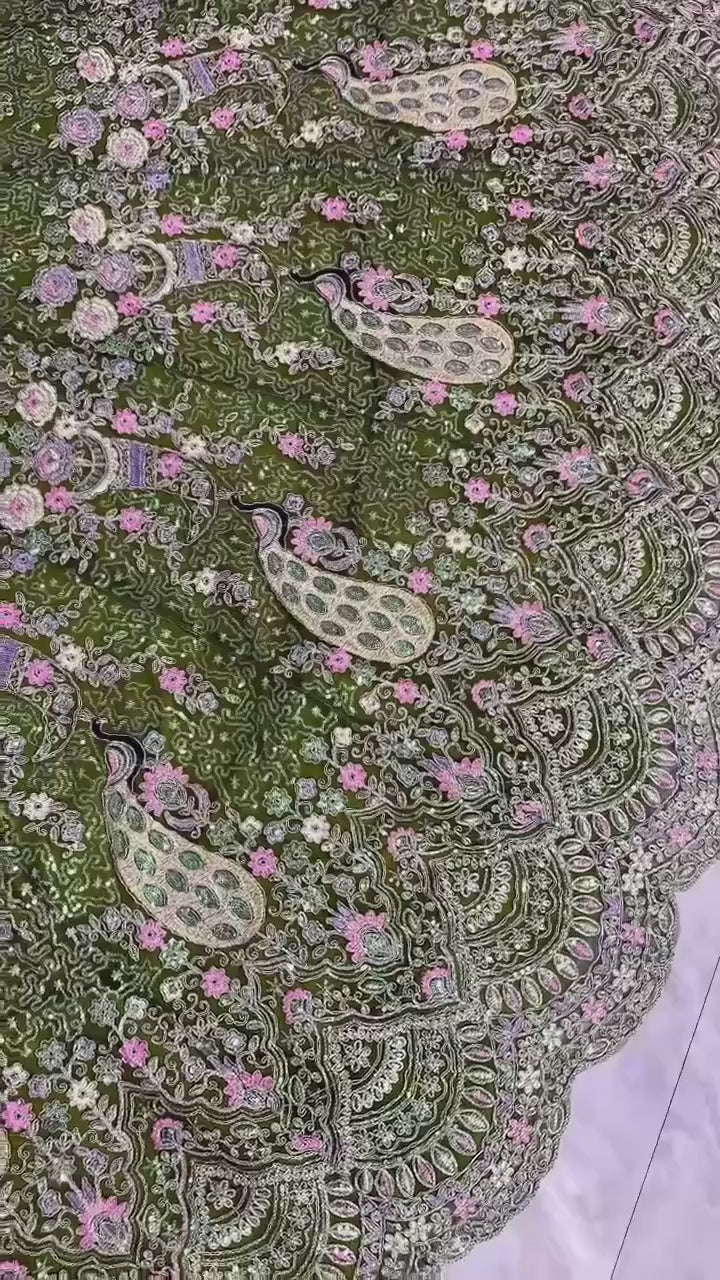 fashionkiya Launching Mehendi Green 4 meter flared Coding Sequins Work Lehenga