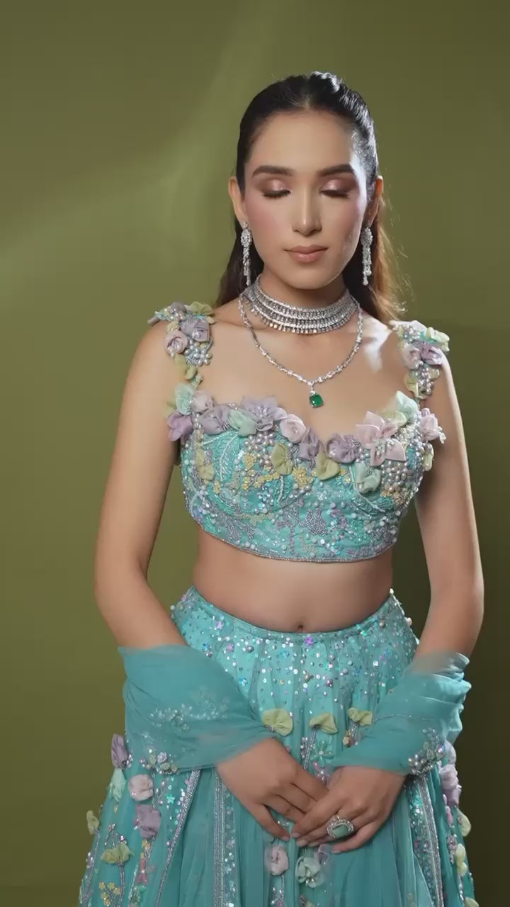fashionkiya Faux Georgette Semi Stitched Lehenga with Designer Flower Embroidery Sequins Work & Matching Dupatta