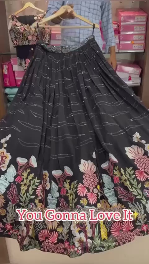 fashionkiya Flare Lehenga Fox Georgette 9 needle thread embroidered Sequins work with Cancan & Canvas Patta*