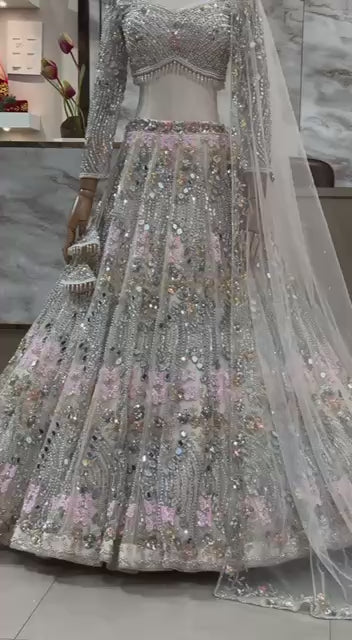 FASHIONKIYA Women Soft Butterfly Net Lehenga Choli with Real Mirror Embroidered Sequins Work Dupatta | Semi Stitched Designer Ethnic Set